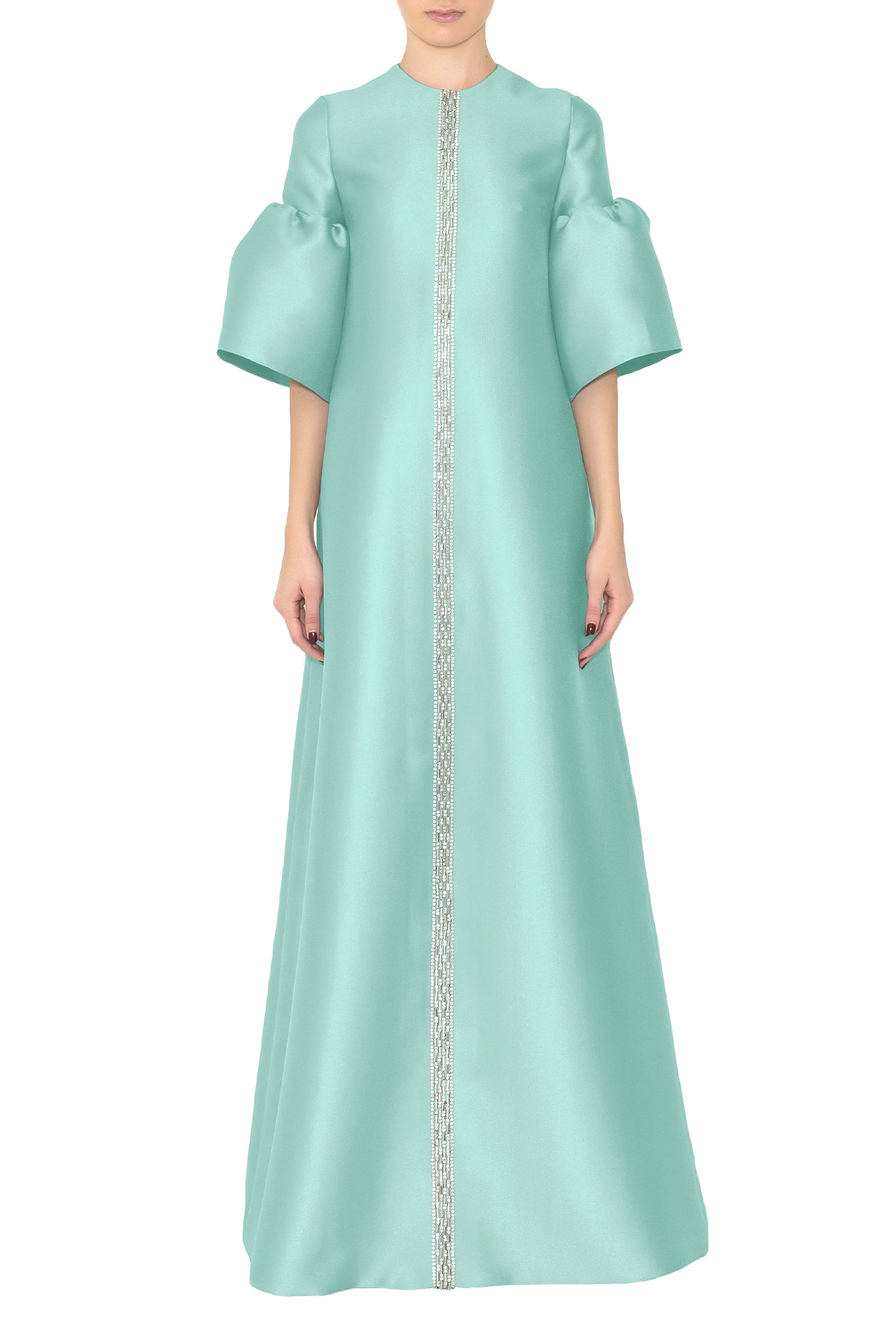 SHORT BELL SLEEVE DRESS WITH CENTER EMBROIDERY DETAIL