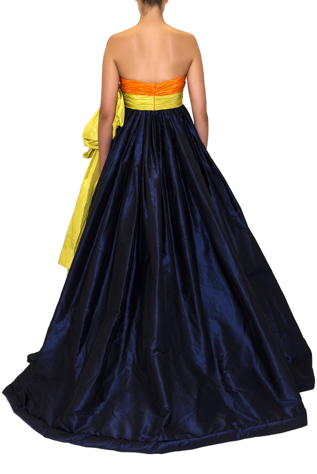 STRAPLESS TAFFETA COLOR BLOCK BALLGOWN WITH BOW