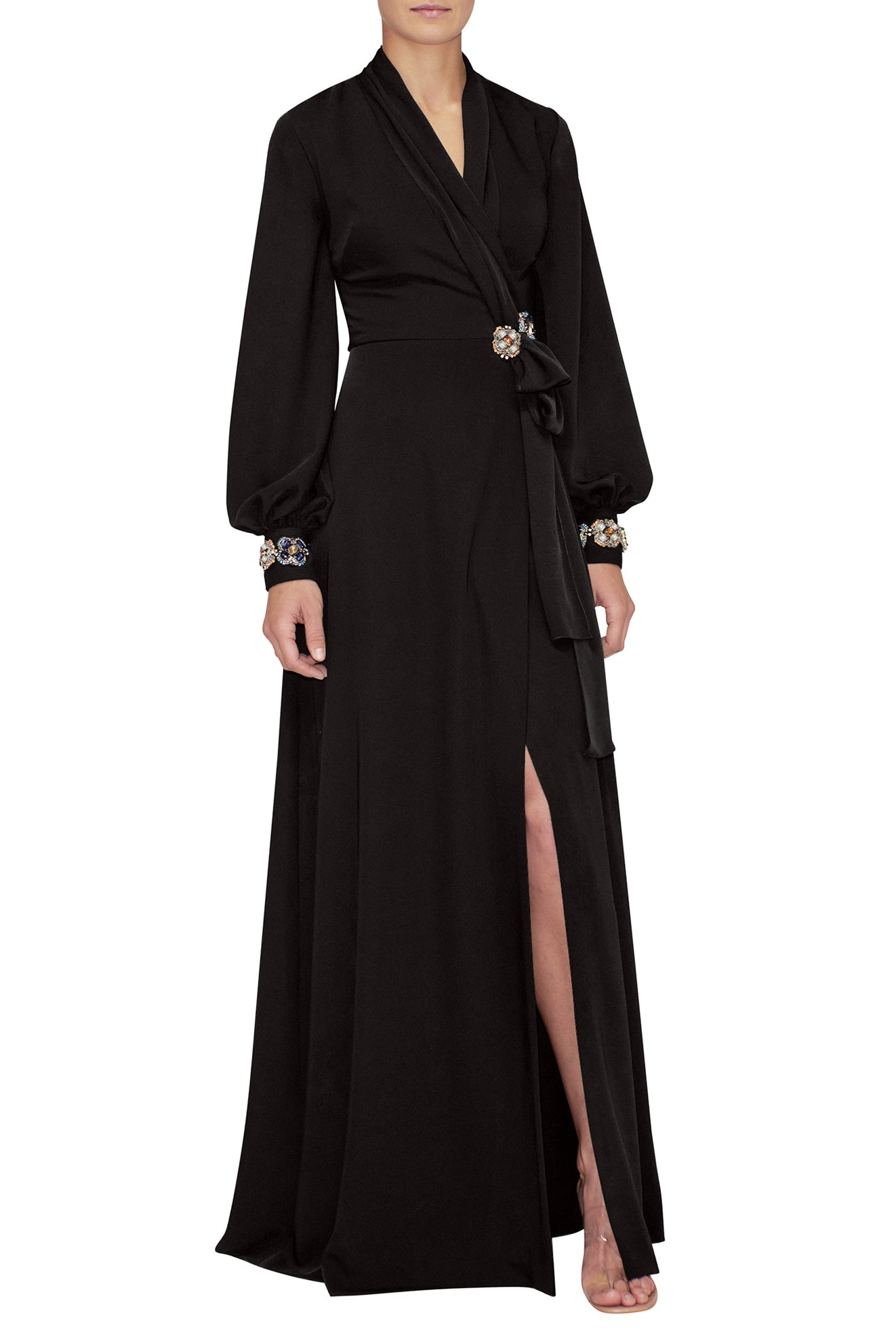 BLOUSON SLEEVE, FAUX WRAP DRESS WITH EMBROIDERED APPLIQUES
