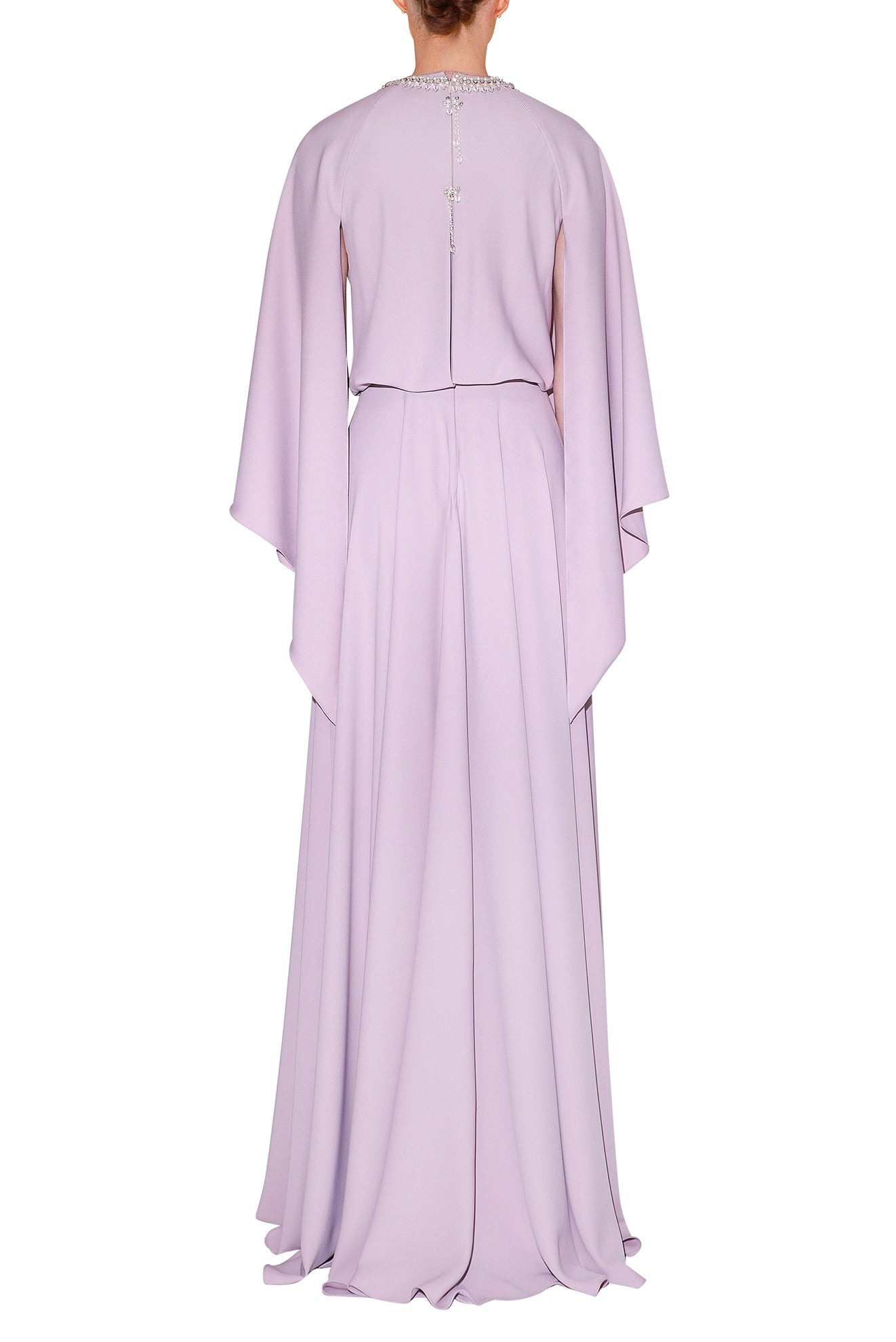 CASCADE SLEEVE, BLOUSON DRESS WITH EMBROIDERED NECKLACE DETAIL