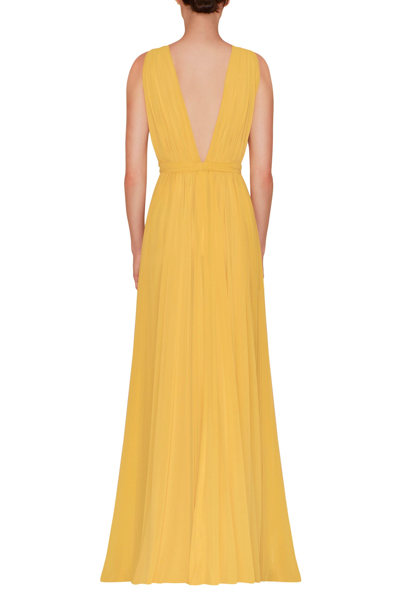 SLEEVELESS PLEATED CHIFFON GOWN WITH BEADED BODICE AND HIGH SIDE SLIT