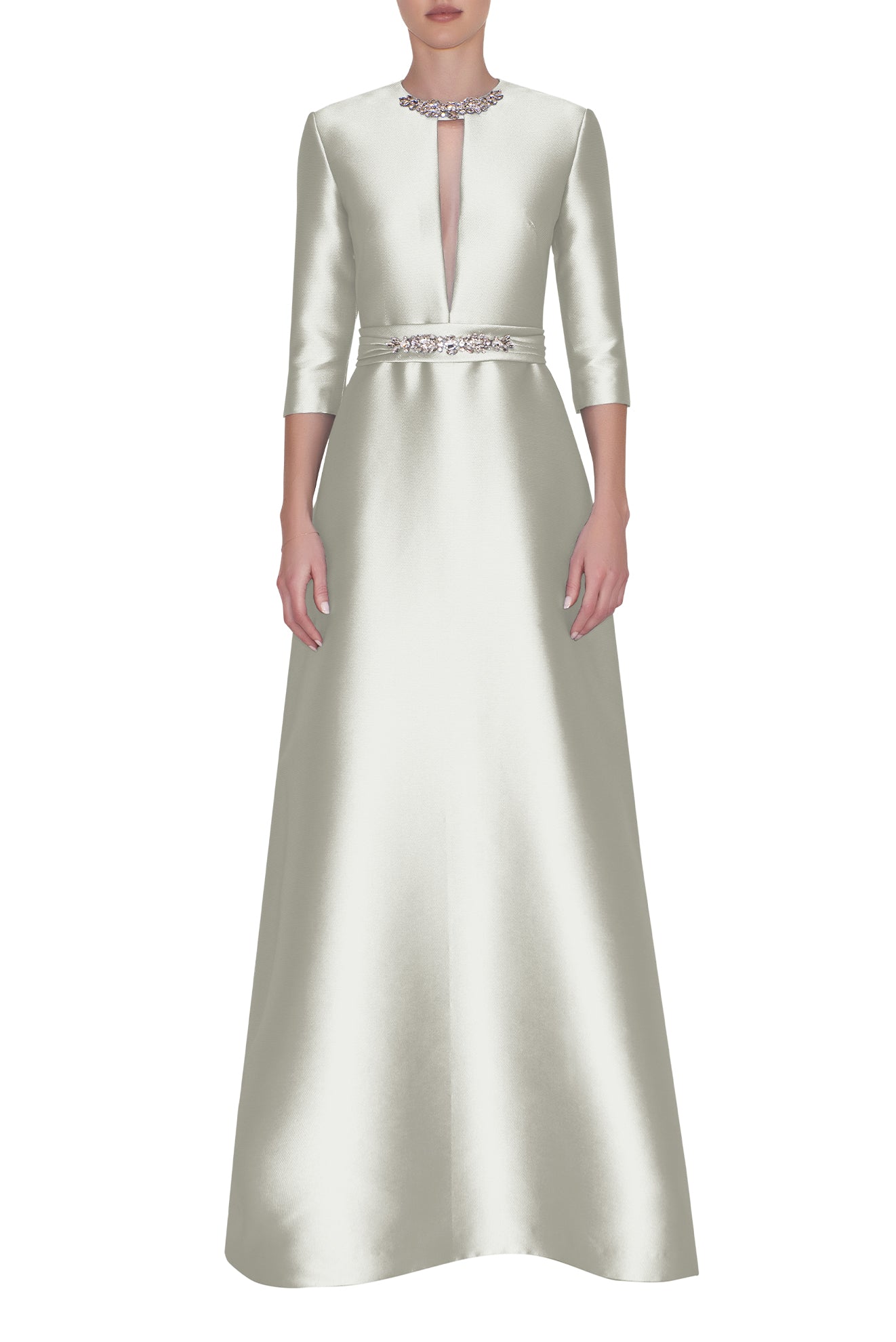 SLIM ELBOW SLEEVE, PLUNGING V-NECK DRESS WITH EMBROIDERED BELT AND NECKLINE