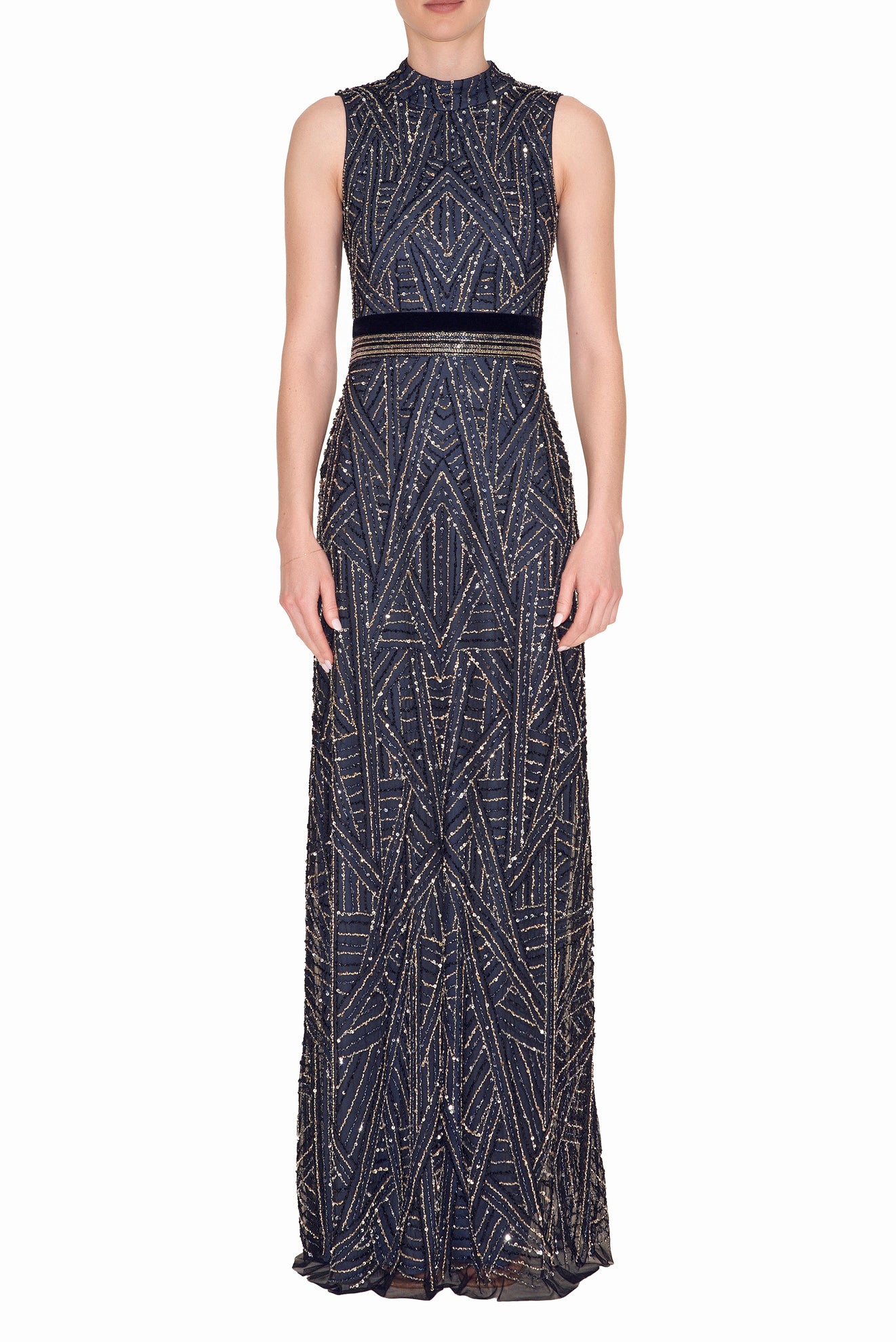 JEWEL NECK SLEEVELESS BEADED GOWN WITH KEYHOLE BACK DETAIL