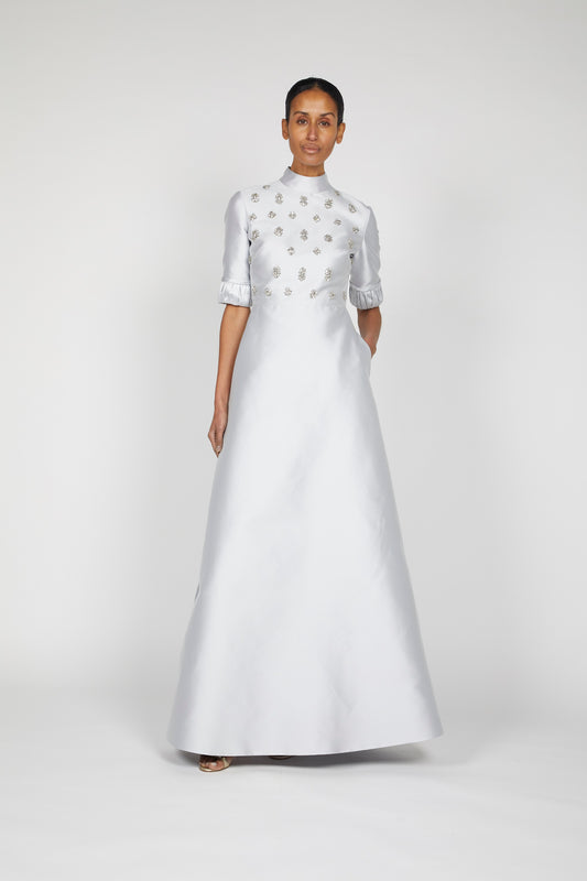 SHIRRED SHORT SLEEVE TEXTURED MIKADO DRESS WITH EMBROIDERED BODICE