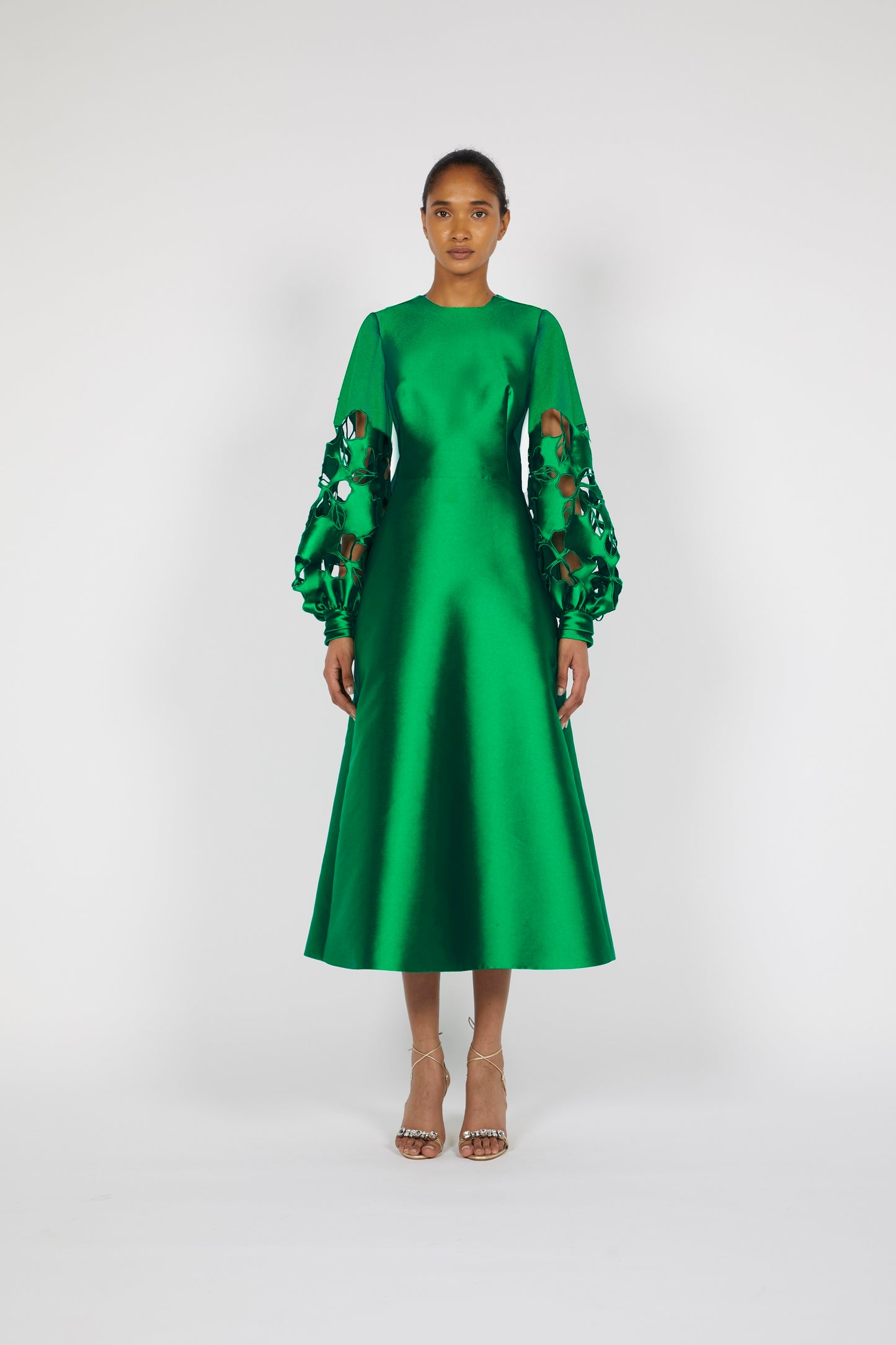 MIDI DRESS WITH FLORAL CUT-OUT BISHOP SLEEVES (*FLOOR LENGTH)