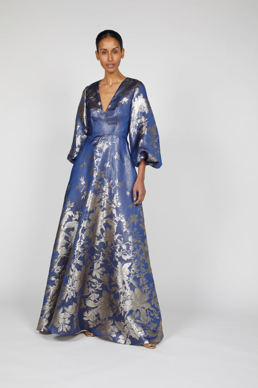 V-NECK BISHOP SLEEVE JACQUARD DRESS