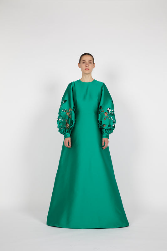 DRESS WITH FLORAL CUT-OUT BISHOP SLEEVES