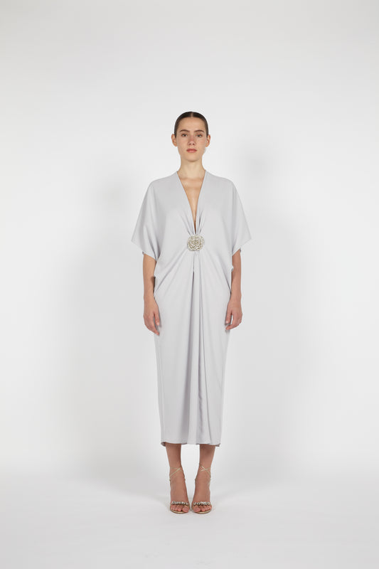 MIDI CREPE KAFTAN W/ EMBROIDERED DETAIL