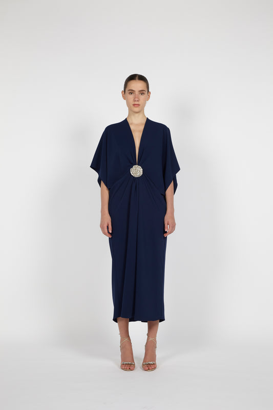 MIDI CREPE KAFTAN W/ EMBROIDERED DETAIL