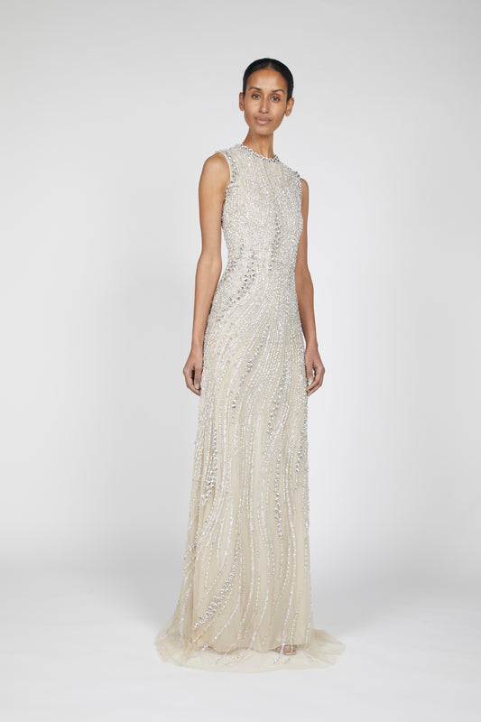 SLEEVELESS CRYSTAL AND PEARL EMBROIDERED GOWN