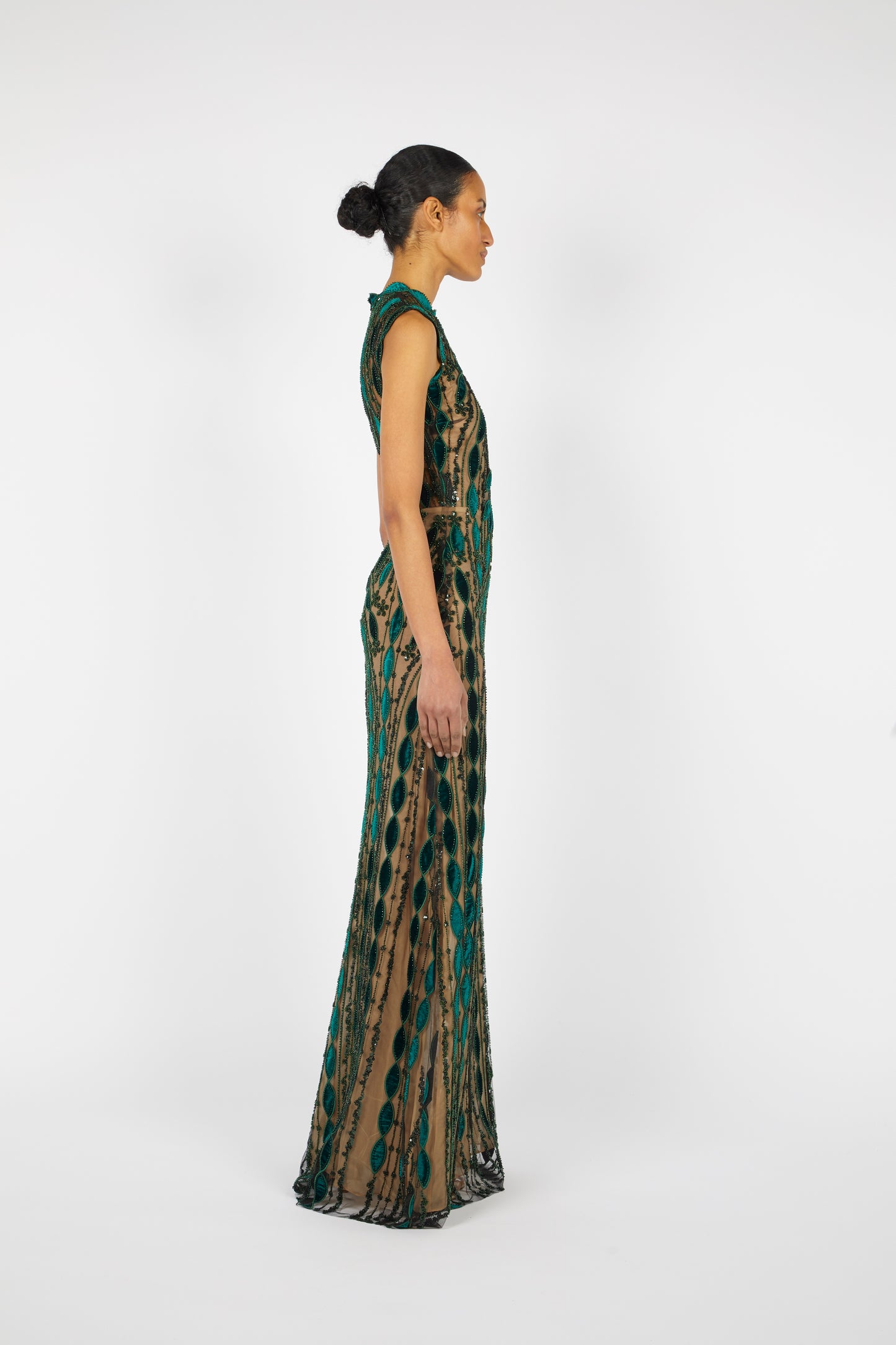 PRE-ORDER GEROMETRIC BEADED SILK VELVET GOWN | OCTOBER DELIVERY