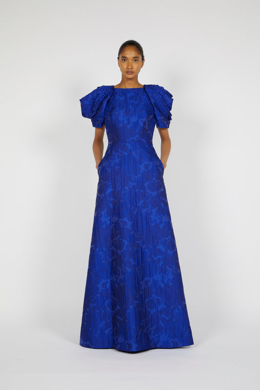 CLOQUE BROCADE LONG DRESS WITH DRAPED SLEEVES