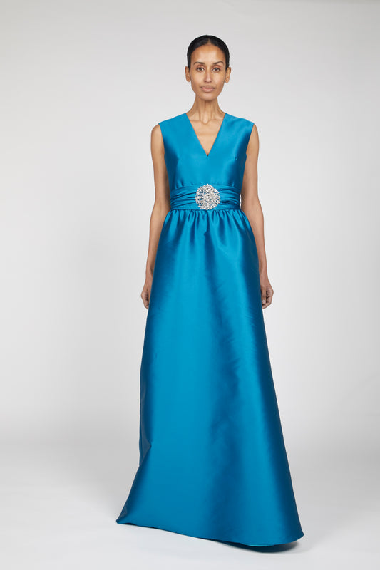 V-NECK FLOOR LENGTH MIKADO SOFT DRESS WITH WAIST DETAIL