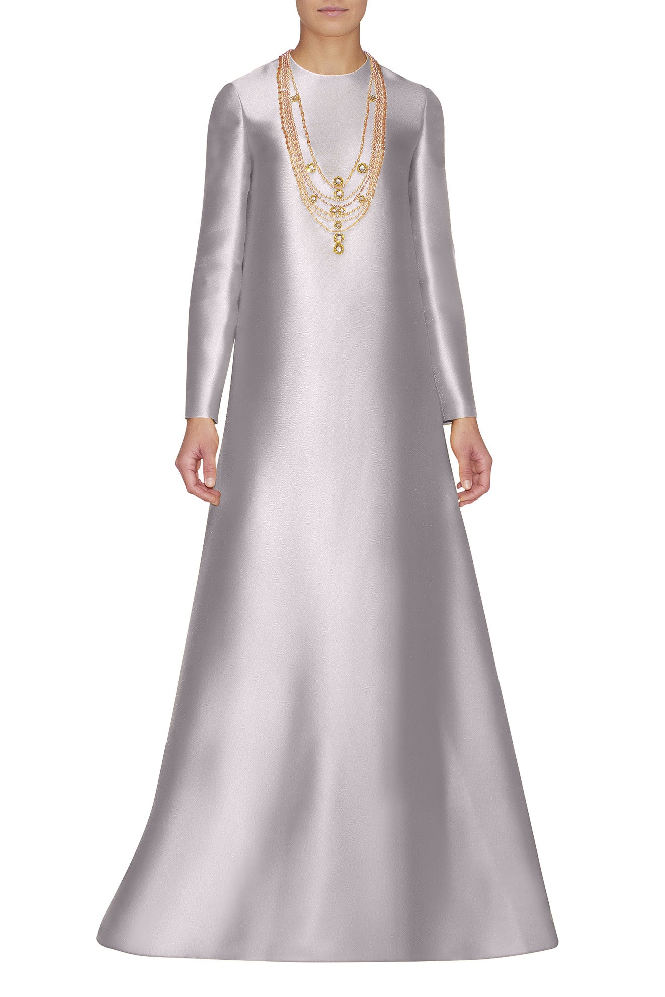 SLIM LONG SLEEVE DRESS WITH EMBROIDERED NECKLACE DETAIL