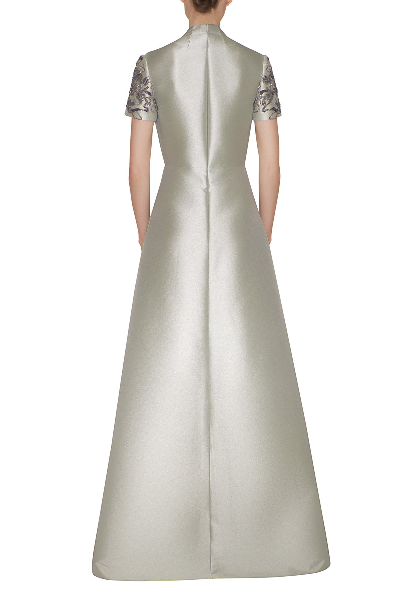 SHORT EMBROIDERED SLEEVE, HIGH V-NECK DRESS
