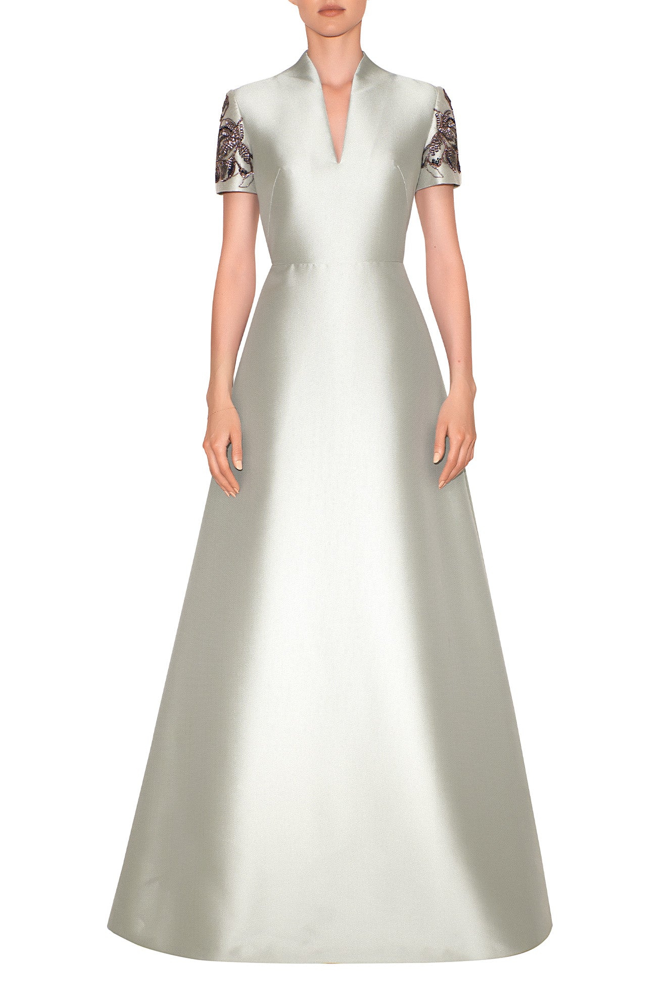 SHORT EMBROIDERED SLEEVE, HIGH V-NECK DRESS