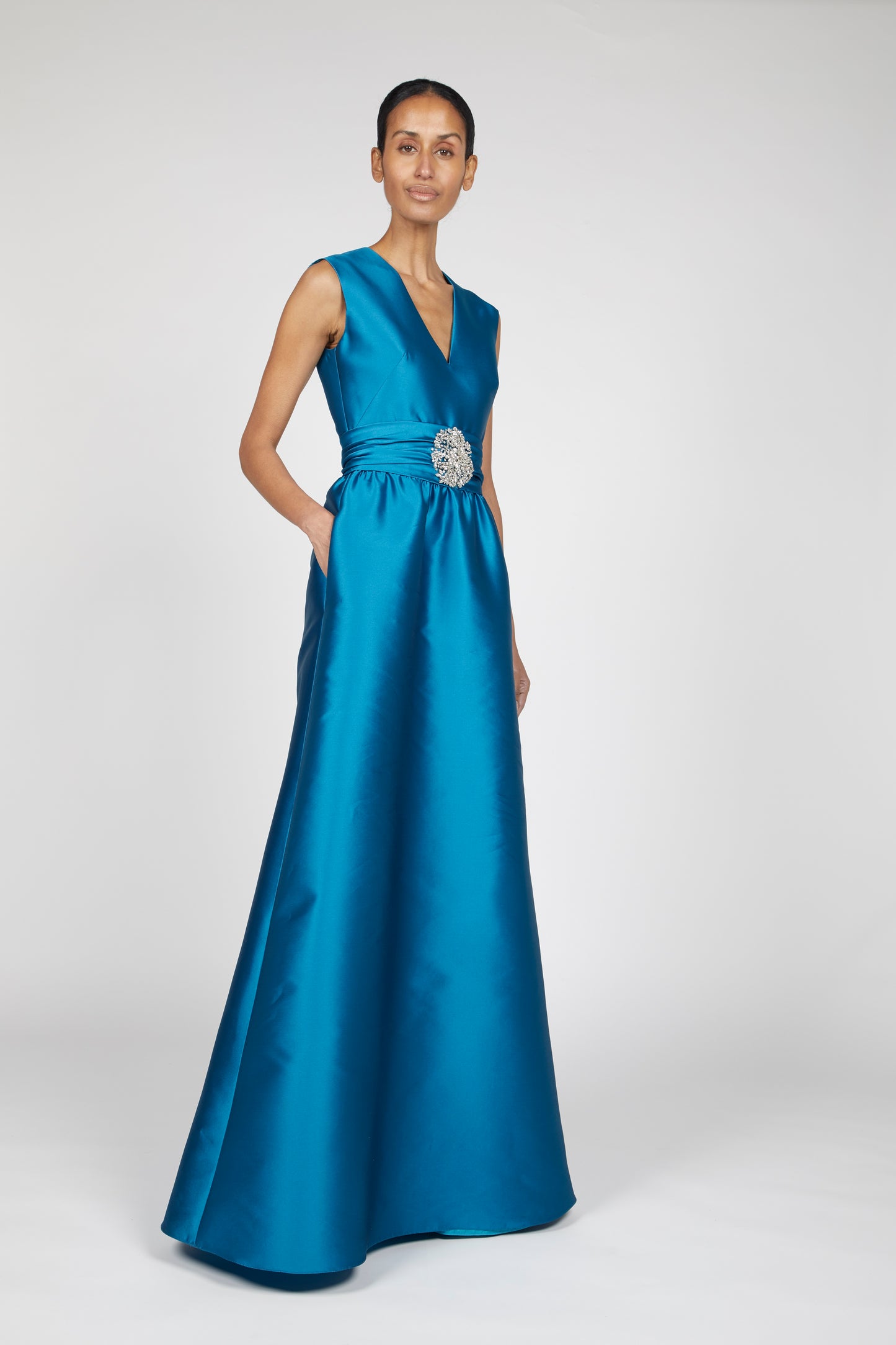 V-NECK FLOOR LENGTH MIKADO SOFT DRESS WITH WAIST DETAIL
