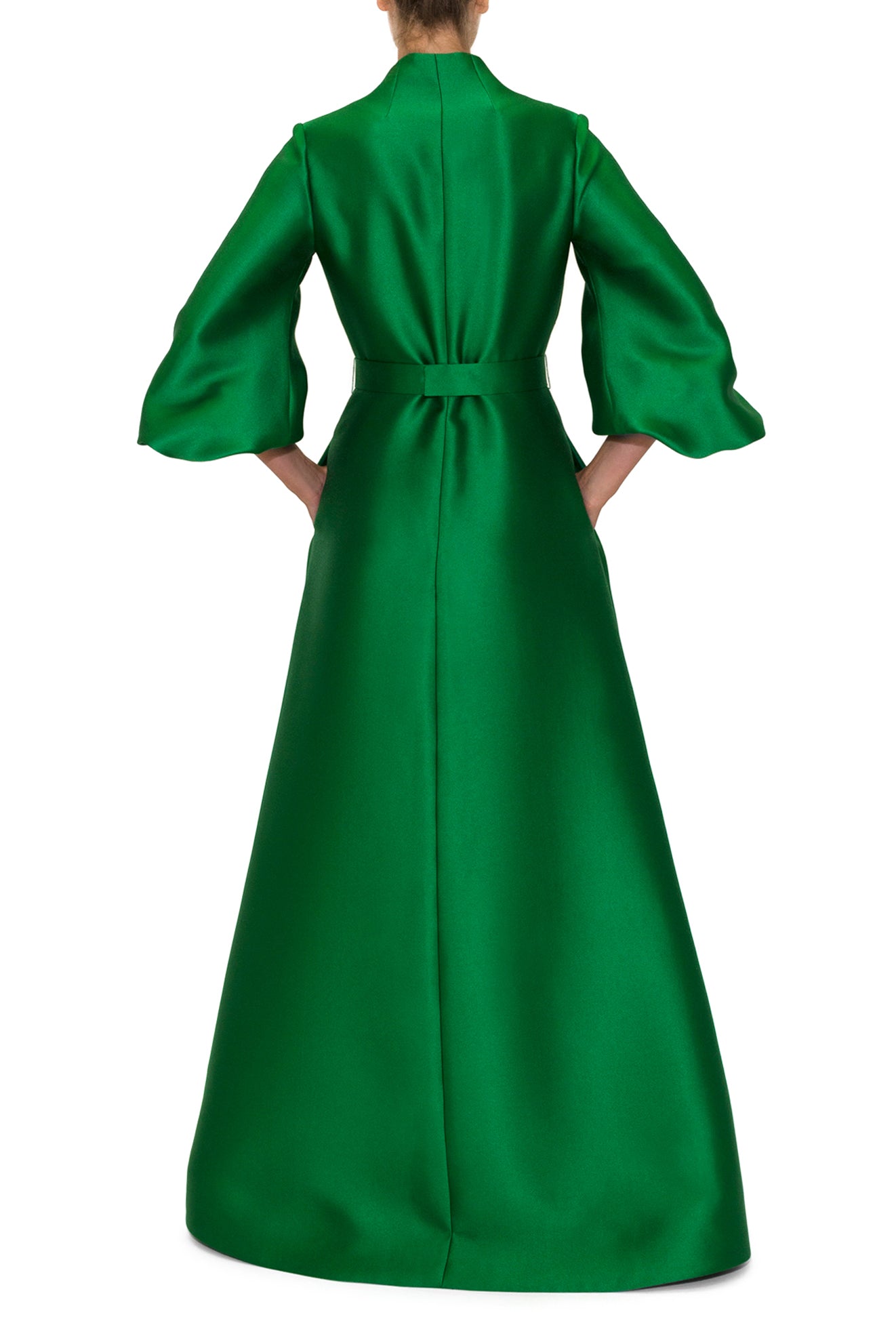 BLOUSON SLEEVE, HIGH V-NECK DRESS WITH EMBROIDERED BELT BUCKLE