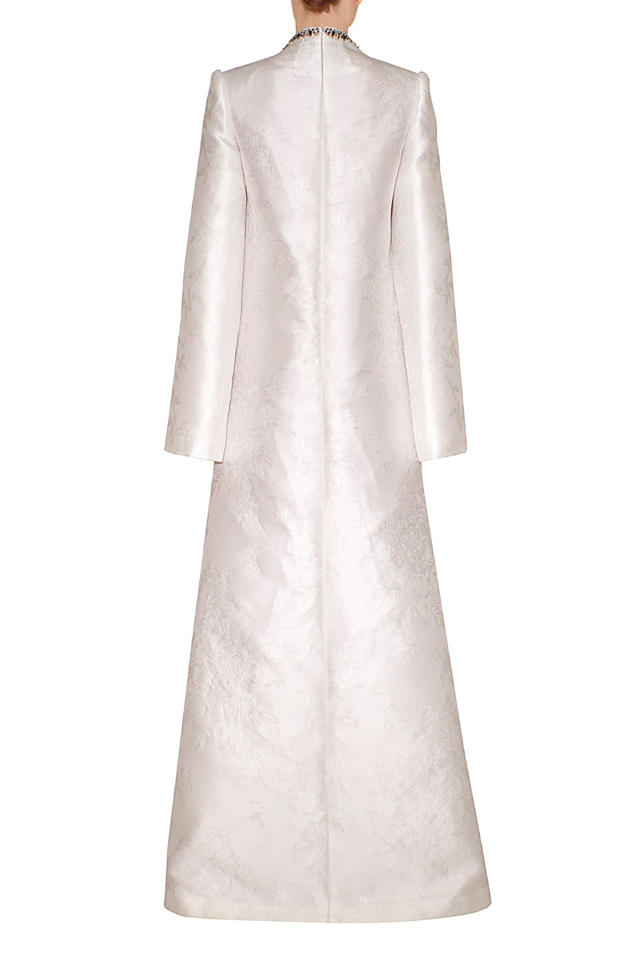 FLARED SLIT SLEEVE JACQUARD DRESS WITH EMBROIDERED NECKLACE