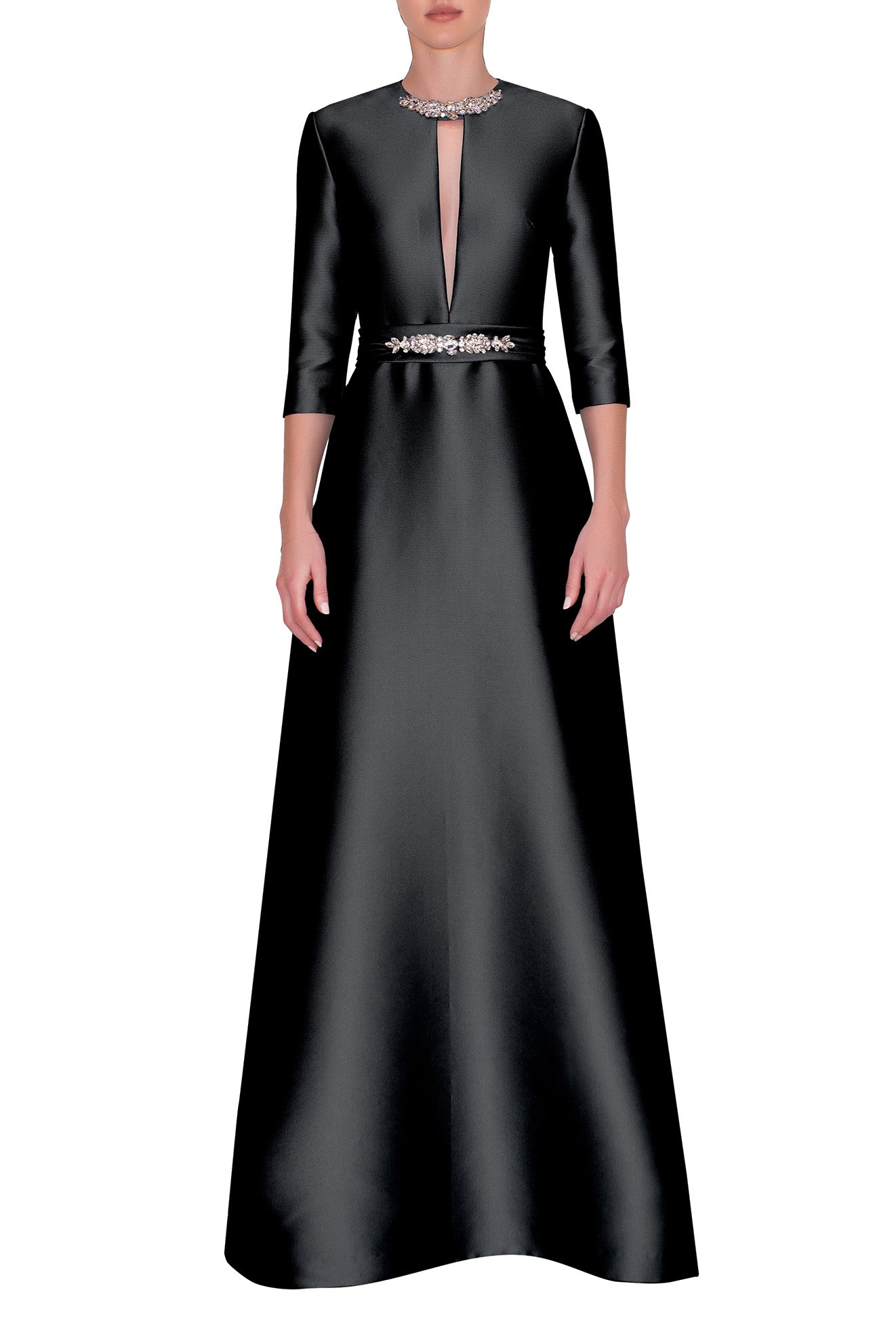 SLIM ELBOW SLEEVE, PLUNGING V-NECK DRESS WITH EMBROIDERED BELT AND NECKLINE