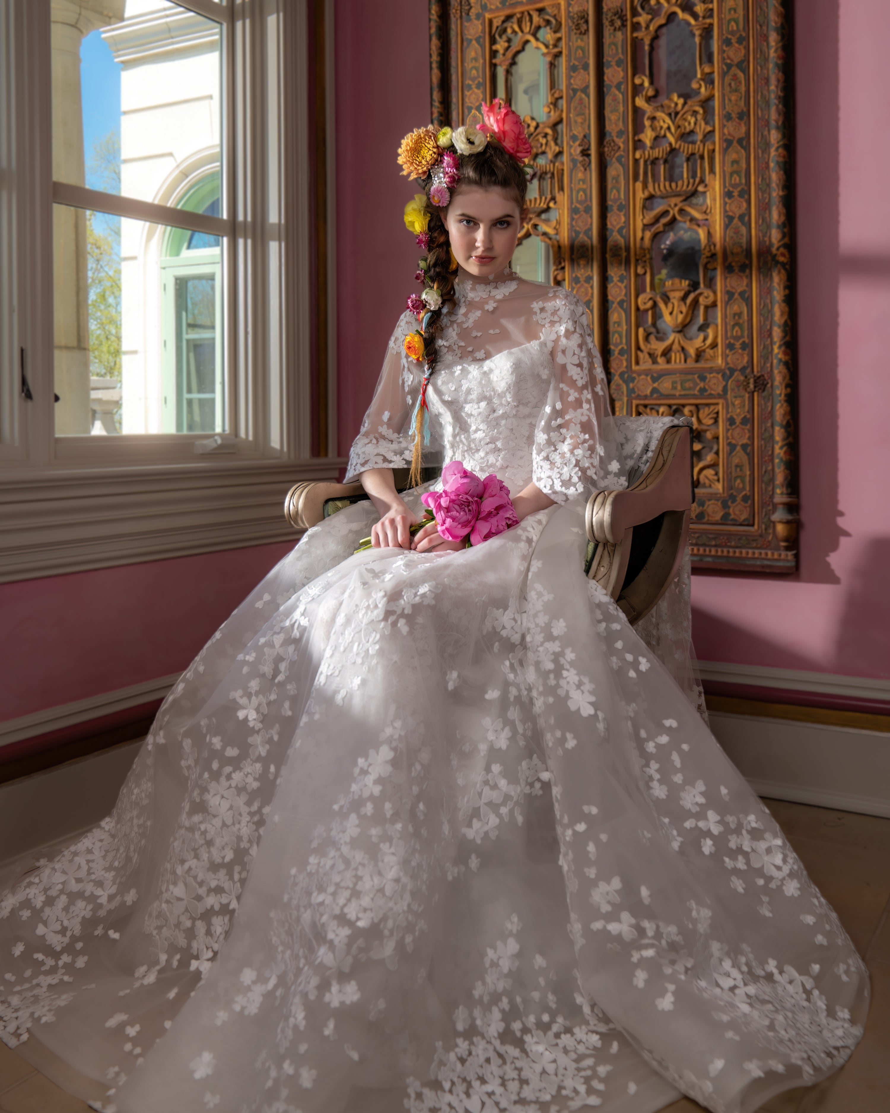 reem acra blush lace wedding dress Beauty Mark Gown