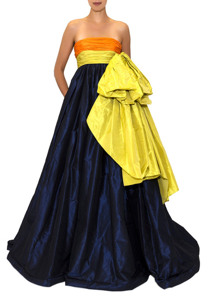 STRAPLESS TAFFETA COLOR BLOCK BALLGOWN WITH BOW