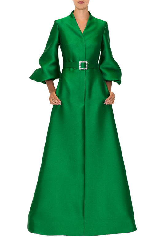 BLOUSON SLEEVE, HIGH V-NECK DRESS WITH EMBROIDERED BELT BUCKLE