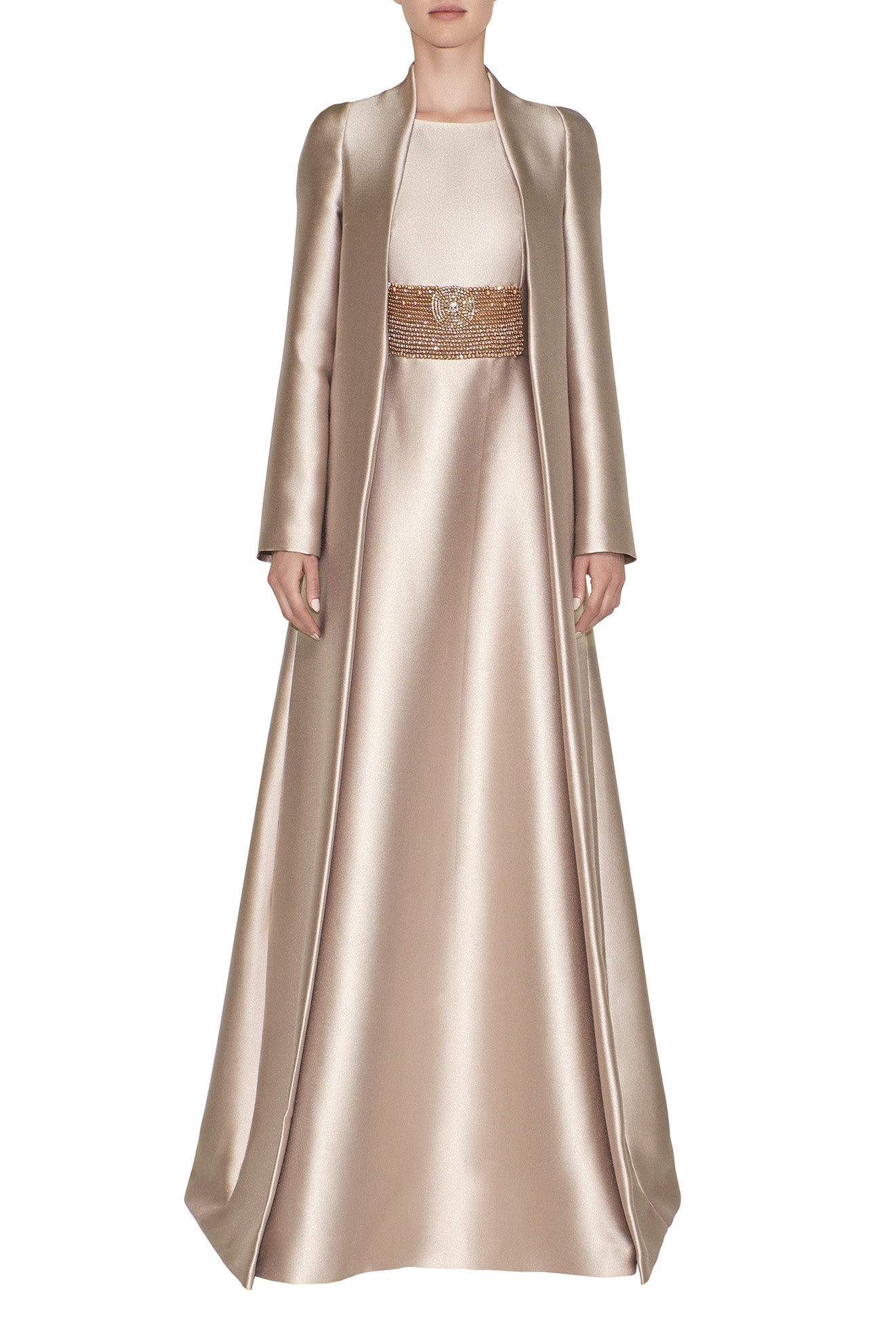 SLIM LONG SLEEVE, FAUX JACKET DRESS WITH EMBROIDERED WAIST DETAIL