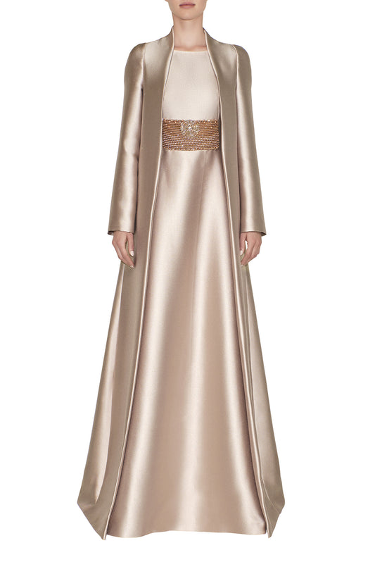 SLIM LONG SLEEVE, FAUX JACKET DRESS WITH EMBROIDERED WAIST DETAIL