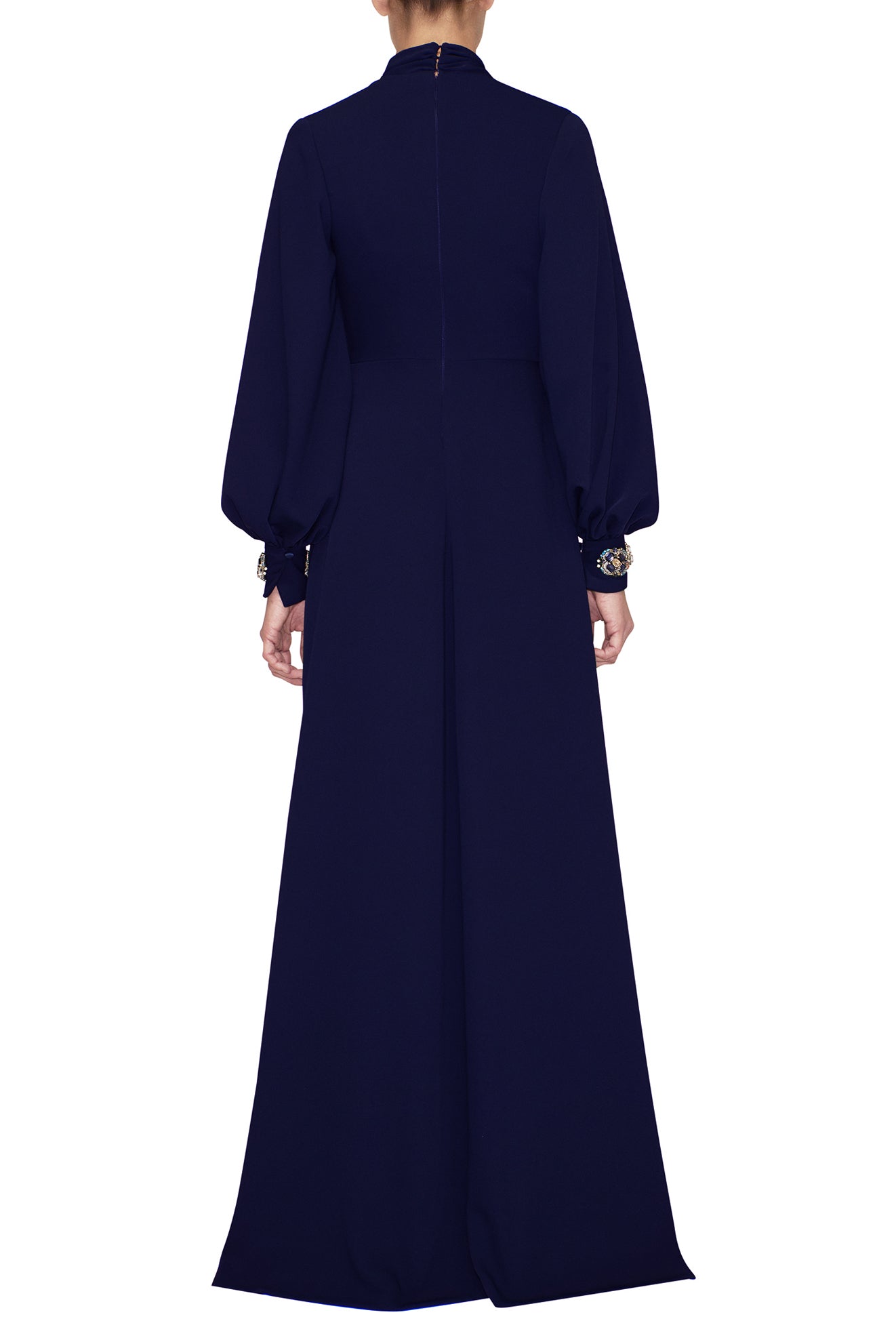BLOUSON SLEEVE, FAUX WRAP DRESS WITH EMBROIDERED APPLIQUES – ReemAcra