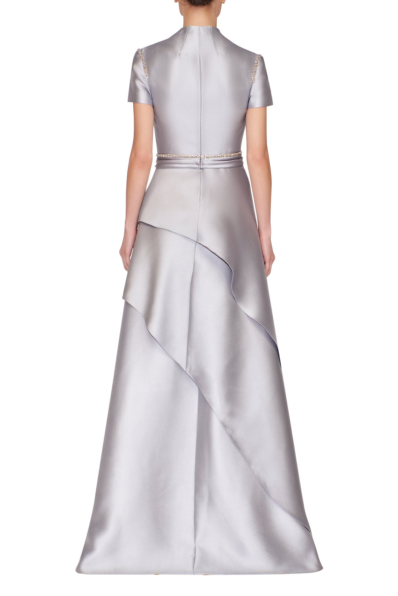 CAP SLEEVE, HIGH V-NECK DRESS WITH ASYMMETRICAL SKIRT AND EMBROIDERED DETAILS