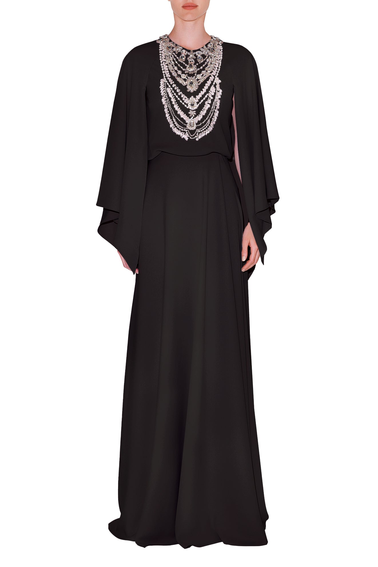 CASCADE SLEEVE, BLOUSON DRESS WITH EMBROIDERED NECKLACE DETAIL