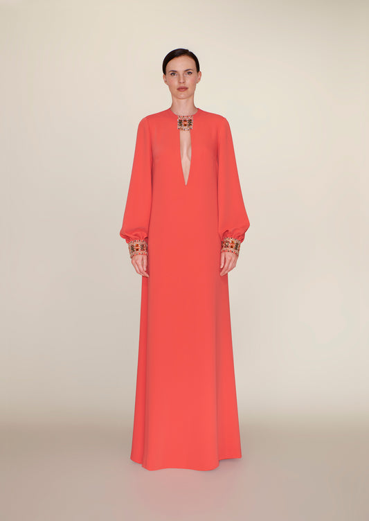 CREPE DRESS WITH BEADED MEDALLION