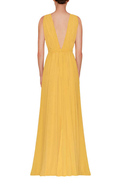 SLEEVELESS PLEATED CHIFFON GOWN WITH BEADED BODICE AND HIGH SIDE SLIT