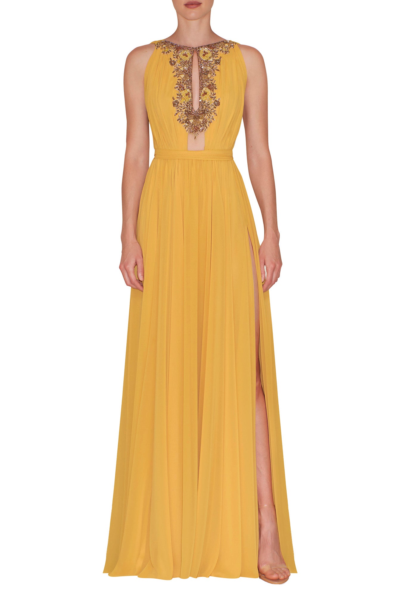 SLEEVELESS PLEATED CHIFFON GOWN WITH BEADED BODICE AND HIGH SIDE SLIT