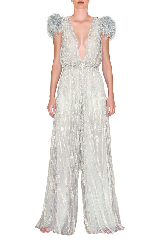 FEATHER POUF SLEEVE, PLUNGING V-NECK BEADED JUMPSUIT