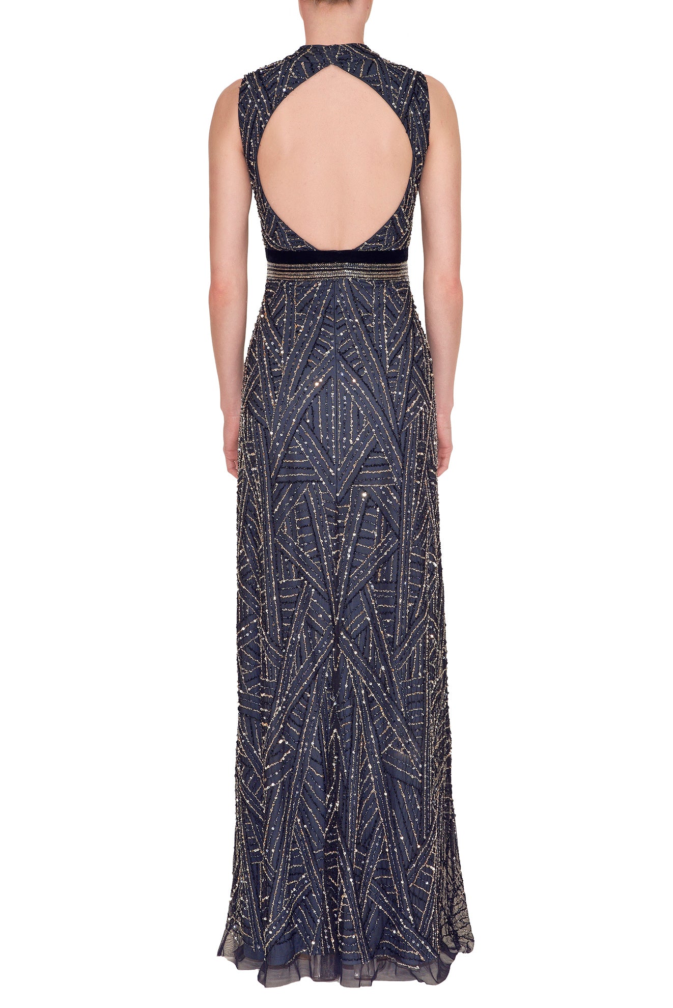 JEWEL NECK SLEEVELESS BEADED GOWN WITH KEYHOLE BACK DETAIL
