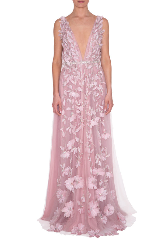 PLUNGING V-NECKLINE GRECIAN GOWN WITH FLORAL FEATHER APPLIQUES
