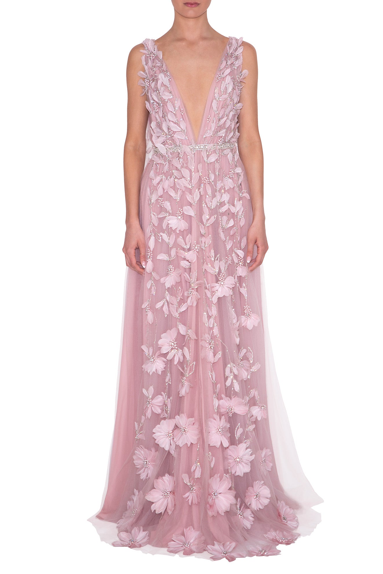 PLUNGING V-NECKLINE GRECIAN GOWN WITH FLORAL FEATHER APPLIQUES