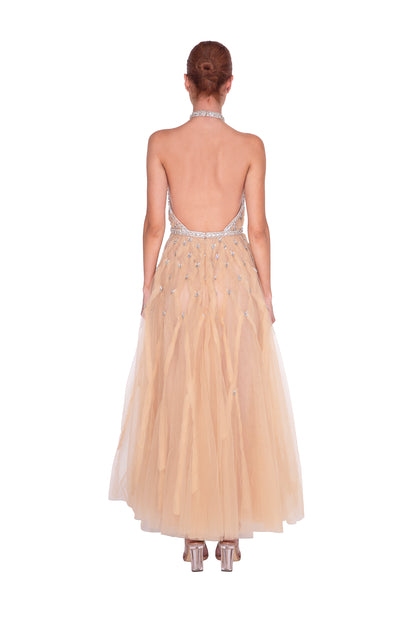 HALTER NECK TULLE MIDI GOWN W/ BEADED DETAIL