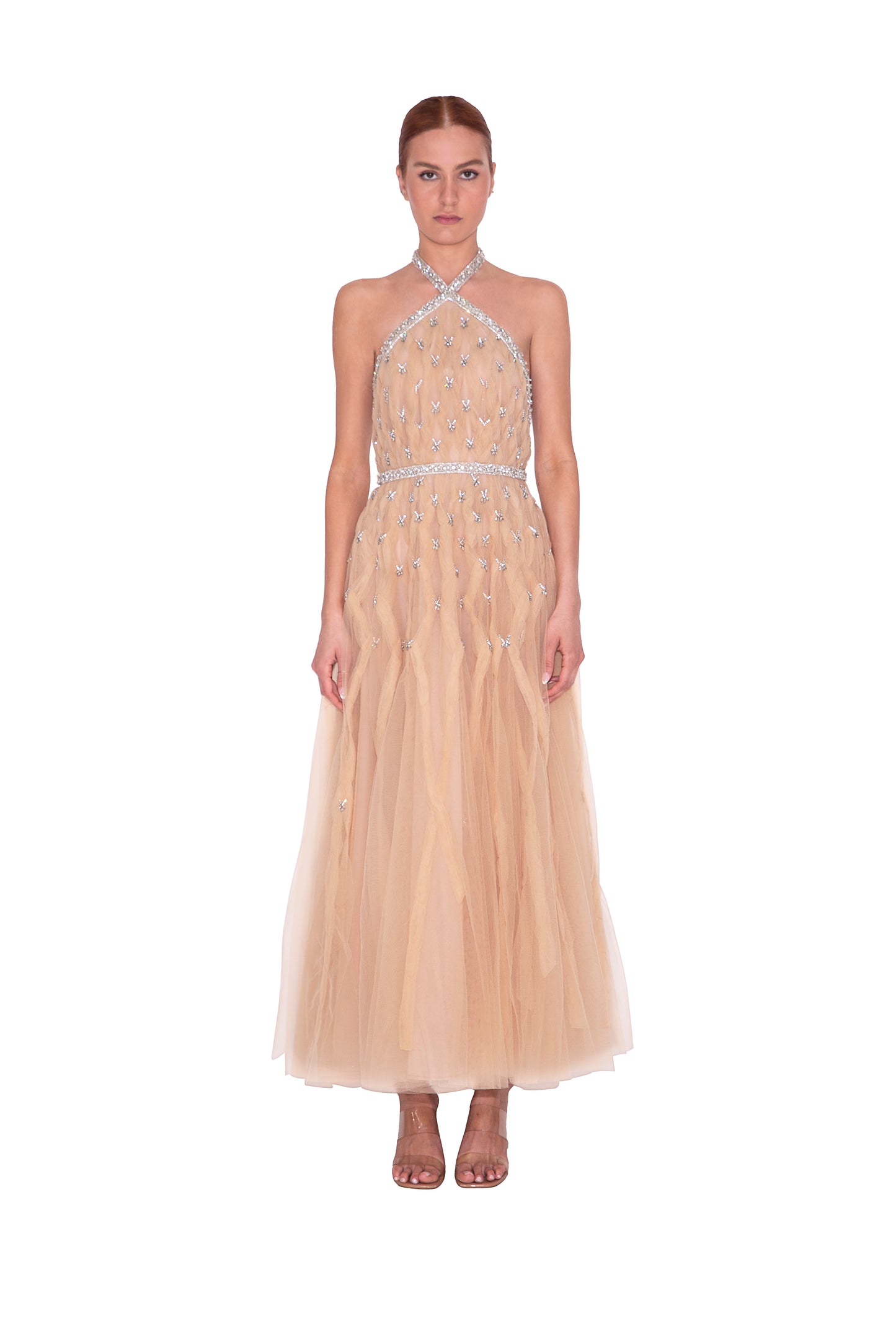 HALTER NECK TULLE MIDI GOWN W/ BEADED DETAIL