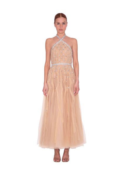 HALTER NECK TULLE MIDI GOWN W/ BEADED DETAIL