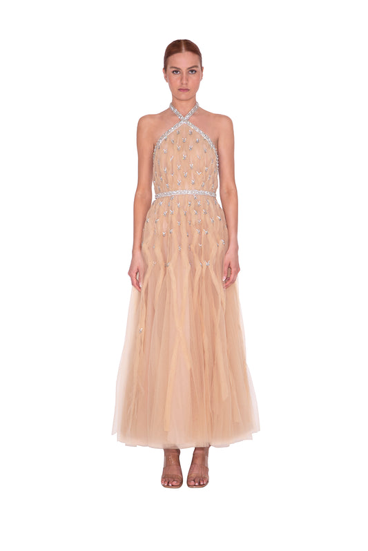 HALTER NECK TULLE MIDI GOWN W/ BEADED DETAIL