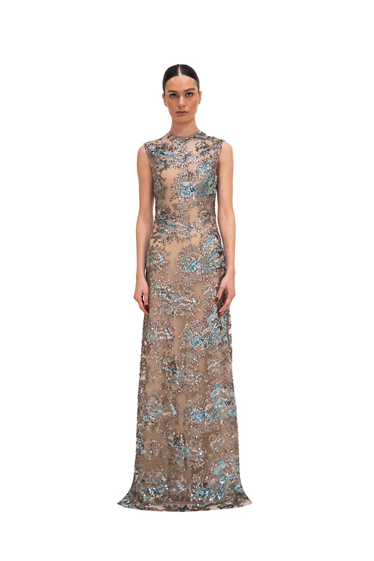 SLEEVELESS METALLIC EMBROIDERED GOWN (PRE-ORDER 8 WEEKS DELIVERY)