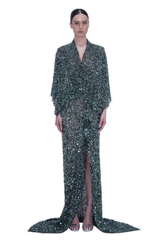 SEQUIN WRAP GOWN WITH LONG SLEEVES (PRE-ORDER 10 WEEKS DELIVERY)