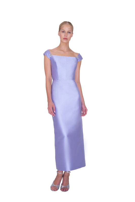 CAP SLEEVED PENCIL MIDI DRESS WITH EMBELLISHED RIBBON TRIMS