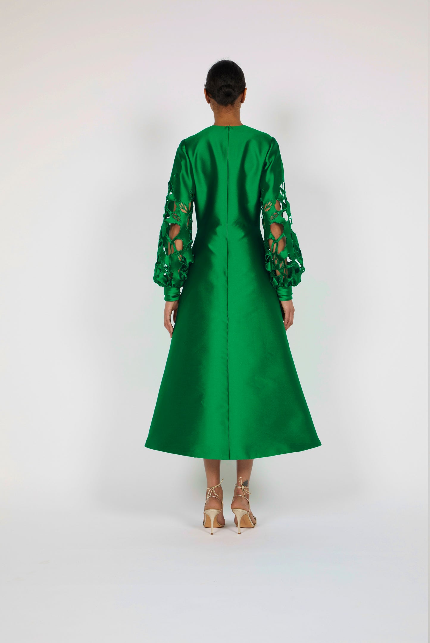 MIDI DRESS WITH FLORAL CUT-OUT BISHOP SLEEVES (*FLOOR LENGTH)