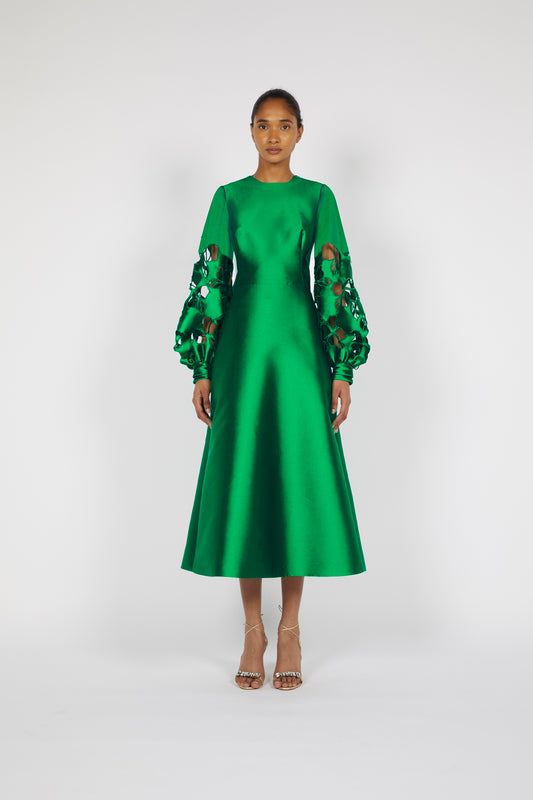 MIDI DRESS WITH FLORAL CUT-OUT BISHOP SLEEVES (*FLOOR LENGTH)