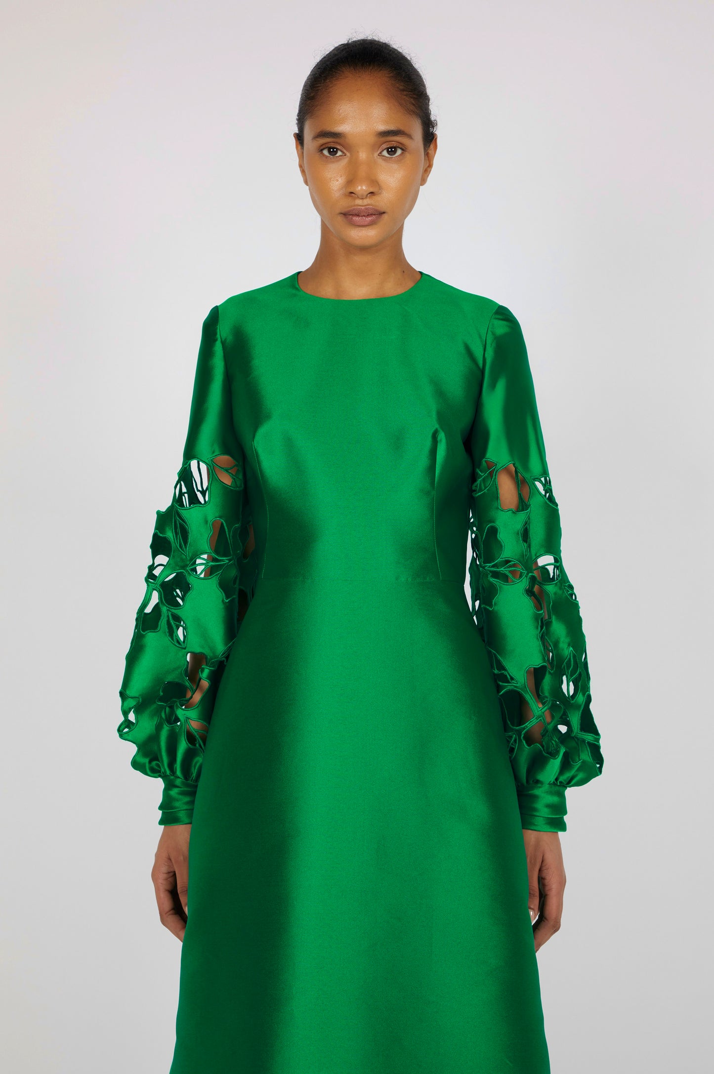 MIDI DRESS WITH FLORAL CUT-OUT BISHOP SLEEVES (*FLOOR LENGTH)