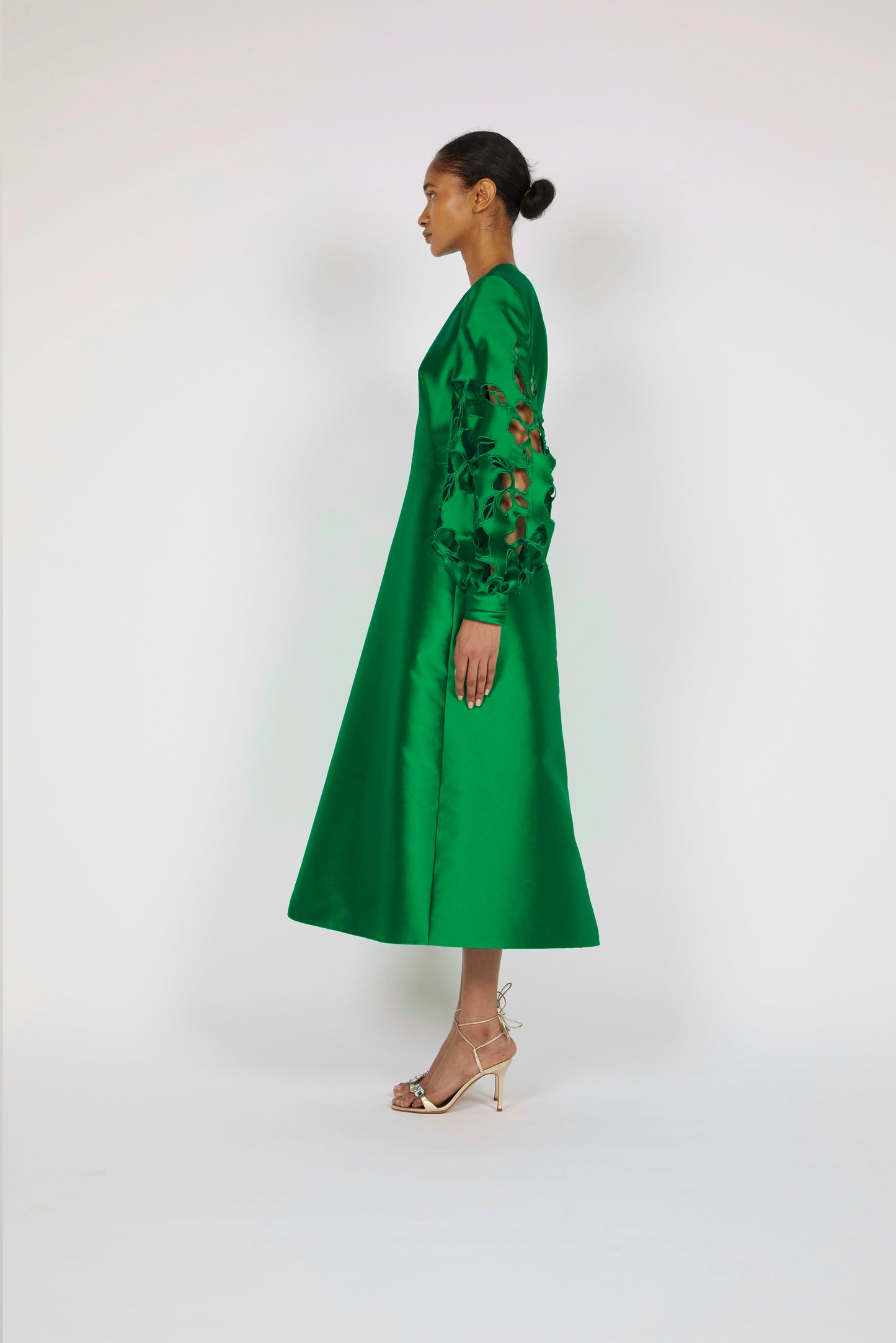 MIDI DRESS WITH FLORAL CUT-OUT BISHOP SLEEVES (*FLOOR LENGTH)